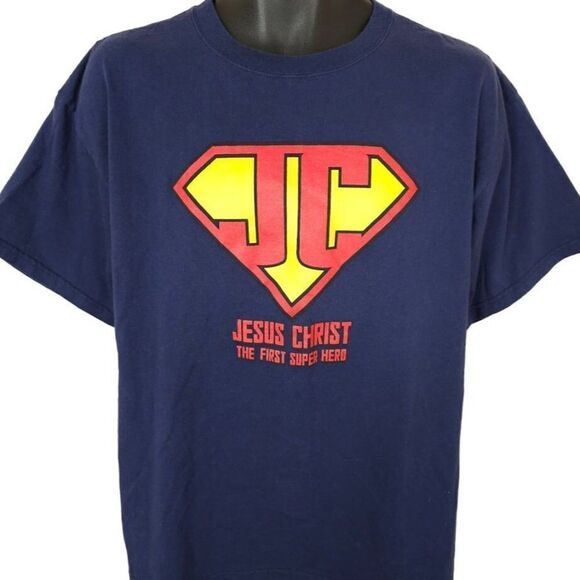 Christian T Shirt Vintage Y2K Super Church Jesus Christ The First Super Hero - Picture 1 of 5